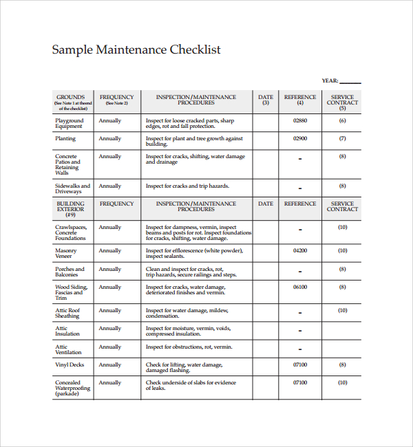sample maintenance checklist template%ef%bb%bf