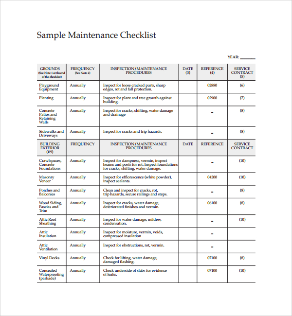 Free 27 Maintenance Checklist Templates In Pdf Ms Word Excel Apple Pages Google Docs