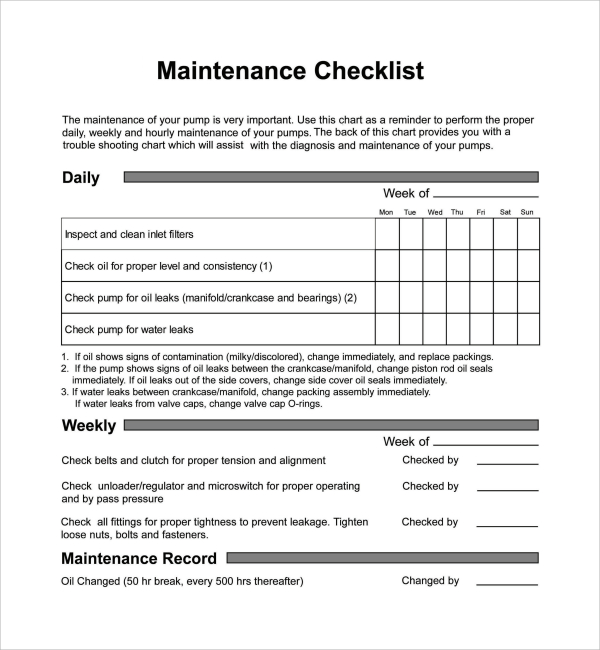 Maintenance Checklist Template Pdf PDF Template