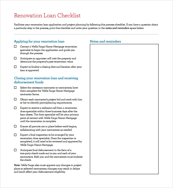 renovation loan checklist