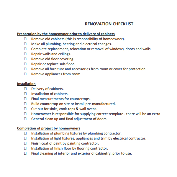 sample renovation checklist template