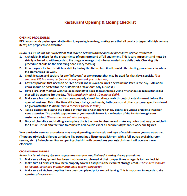 daily restaurant checklist template