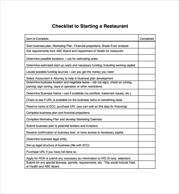 checklist to starting a restaurant