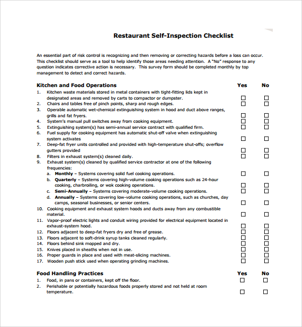 restaurant self inspection checklist