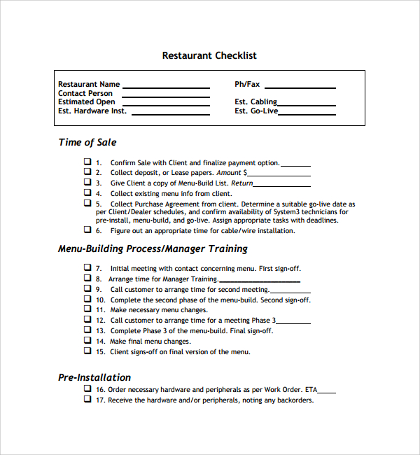 sample restaurant checklist template%ef%bb%bf