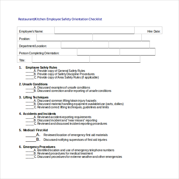 restaurant checklist template doc