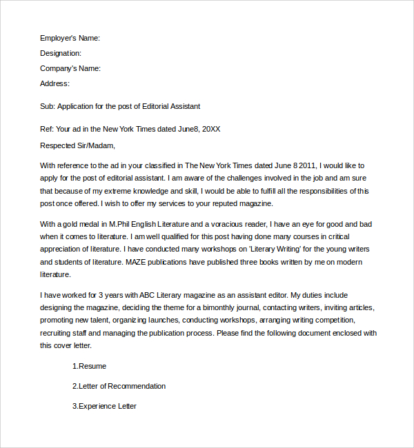 Free 6 Sample Editorial Assistant Cover Letter Templates In Pdf Ms Word