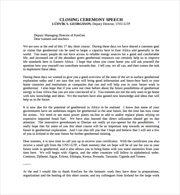 closing ceremonial speech template