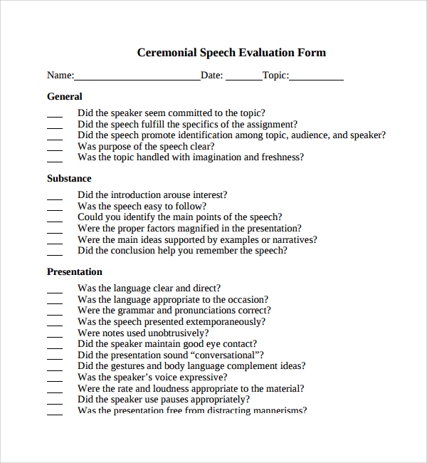 ceremonial speech evaluation form 