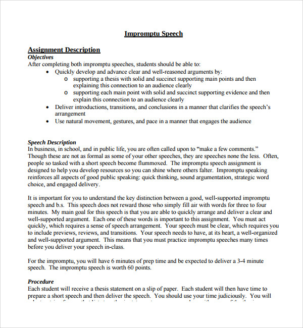 Short Impromptu Speech Example Template