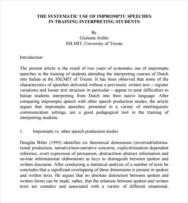 Impromptu Speech Sample PDF Template