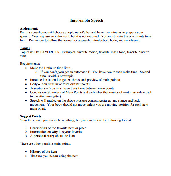 sample impromptu speech template