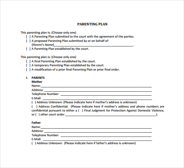 FREE 8+ Sample Parenting Plan Templates in PDF