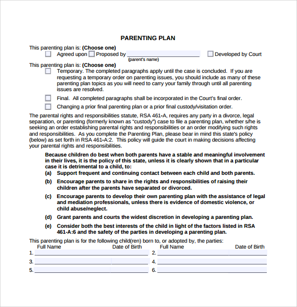 9 parenting plan templates sample templates