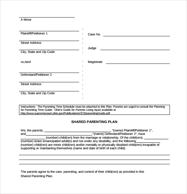 simple parenting plan template