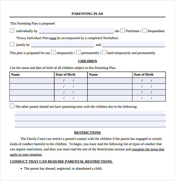 Parenting Plan Schedule Template