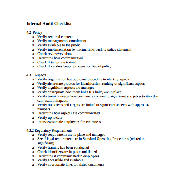 internal audit checklist template%ef%bb%bf