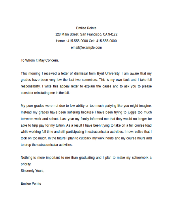 how to write an appeal letter for college dismissal