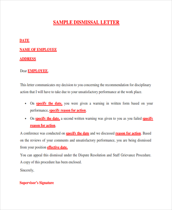 FREE 11 Sample Dismissal Letter Templates In PDF MS Word Pages 