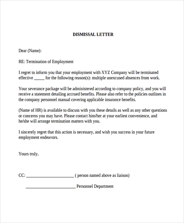 10+ Dismissal Letter Templates Sample Templates