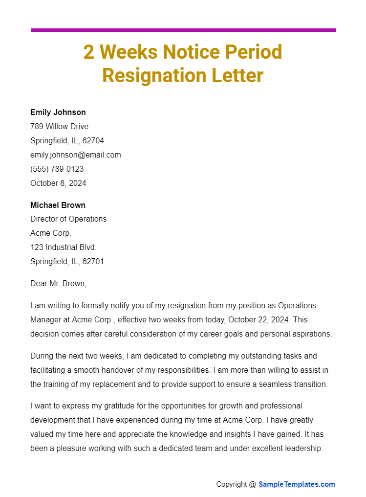 2 weeks notice period resignation letter