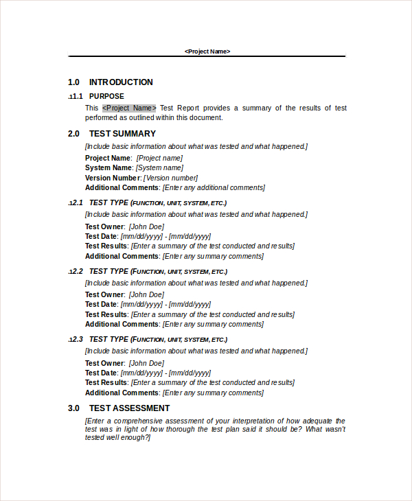 test report template example