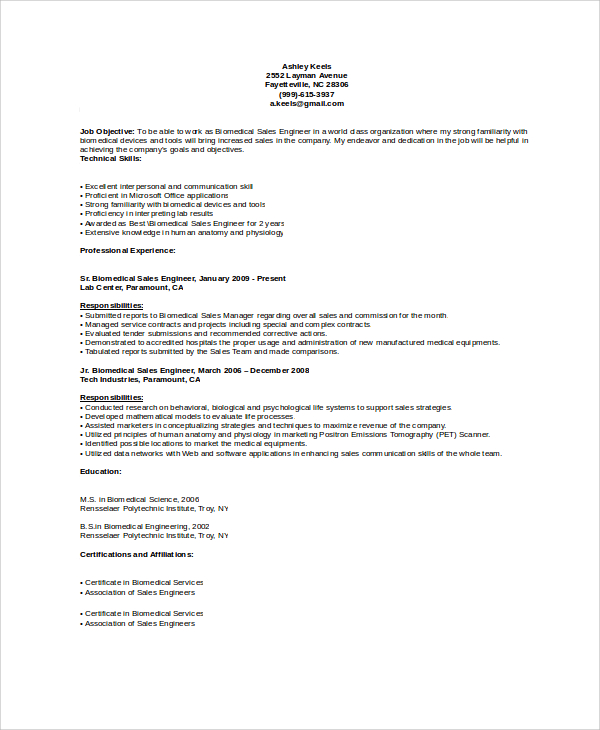 biomedical sales and service engineer resume