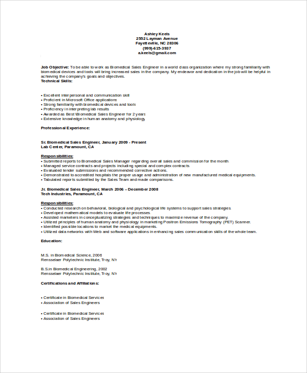 Free 9 Sample Biomedical Engineer Resume Templates In Ms