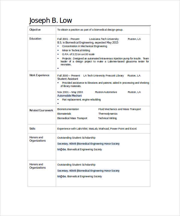 FREE 9+ Sample Biomedical Engineer Resume Templates in MS Word PDF