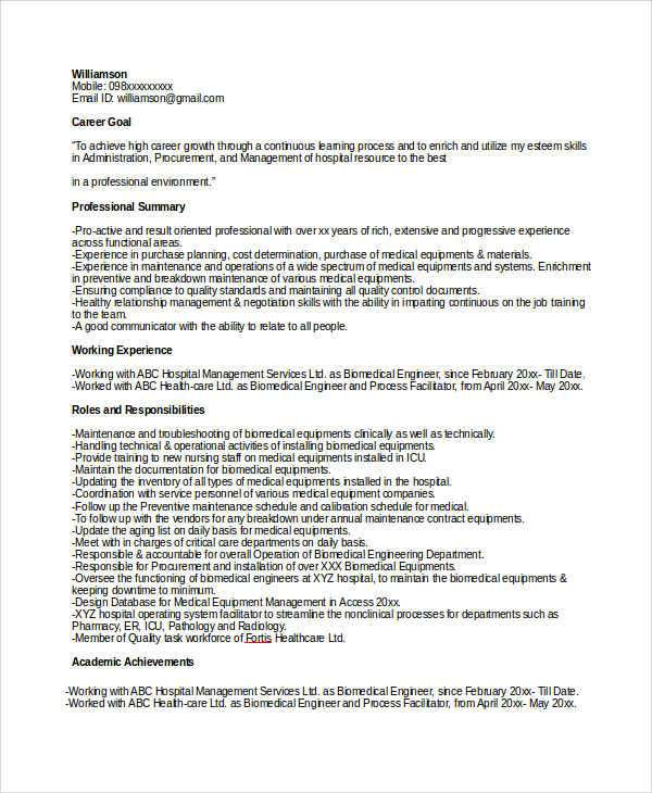 FREE 9+ Sample Biomedical Engineer Resume Templates in MS Word PDF