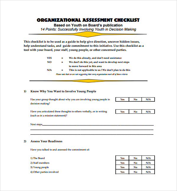 organizational assessment checklist