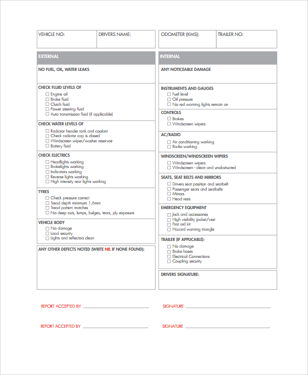 vehicle inspection checklist template free