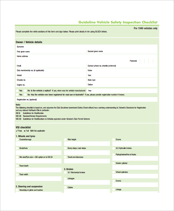 vehicle safety inspection checklist template