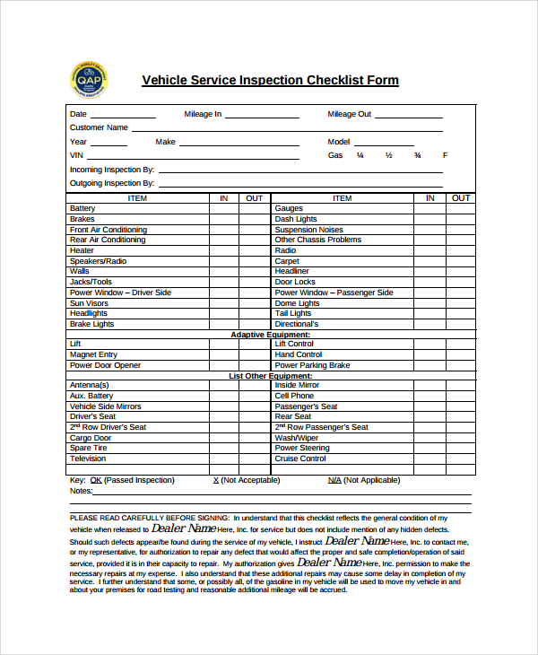 vehicle service inspection checklist template