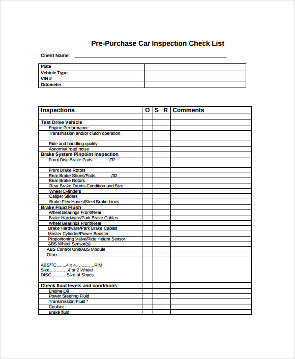 vehicle pre purchase inspection checklist template