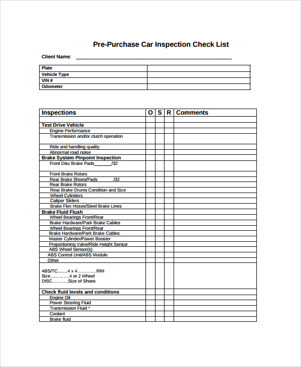 Free 18 Vehicle Inspection Checklist Templates In Pdf Ms Word Excel Apple Pages