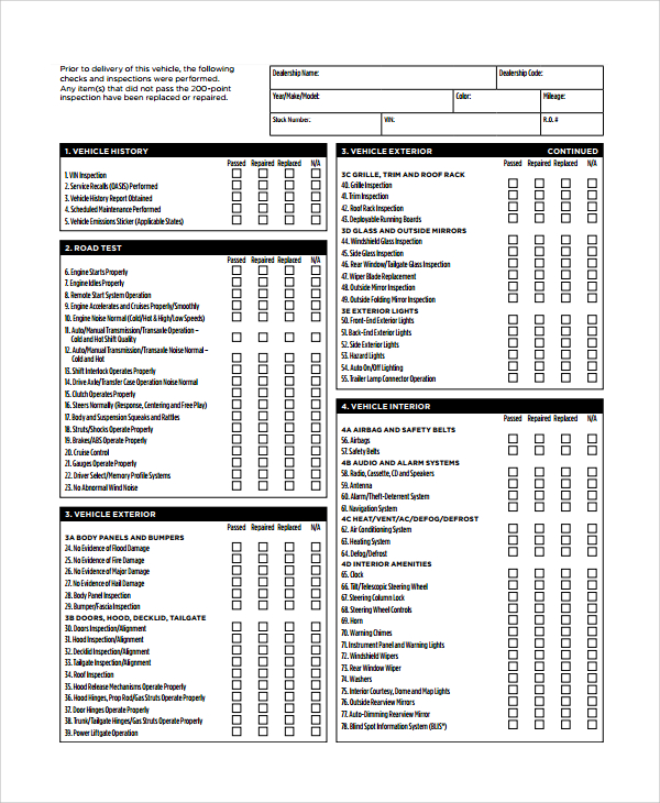 200 point vehicle inspection checklist template