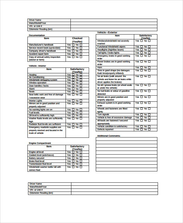 daily vehicle inspection checklist template