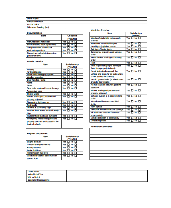 Printable Daily Vehicle Inspection Checklist Template