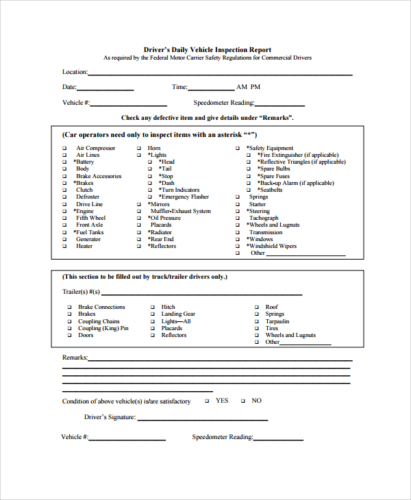 driver vehicle inspection checklist template