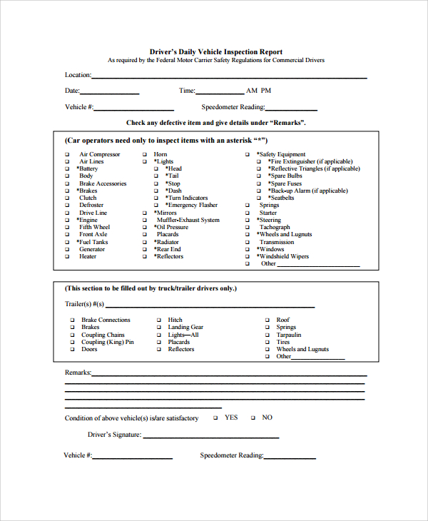 8 Vehicle Inspection Forms Pdf Word