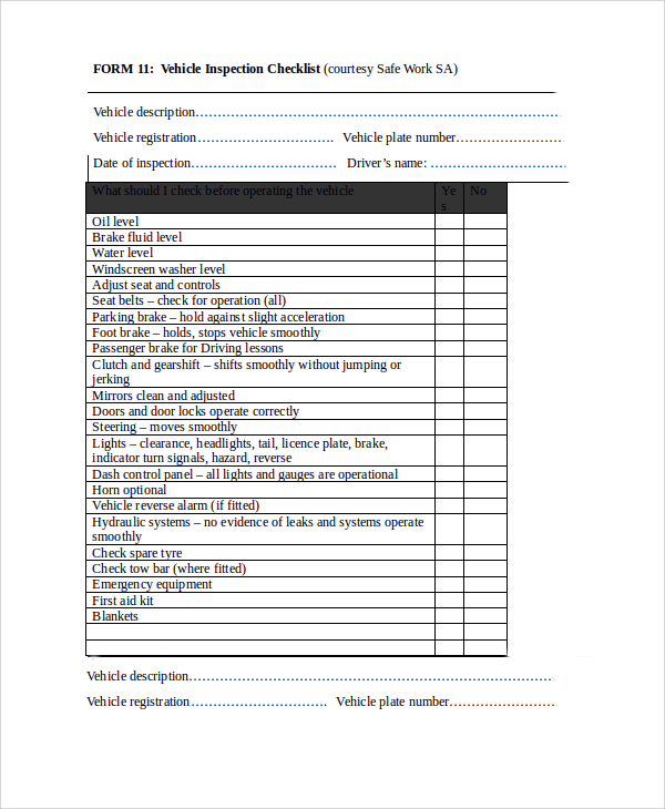 sample vehicle inspection checklist template