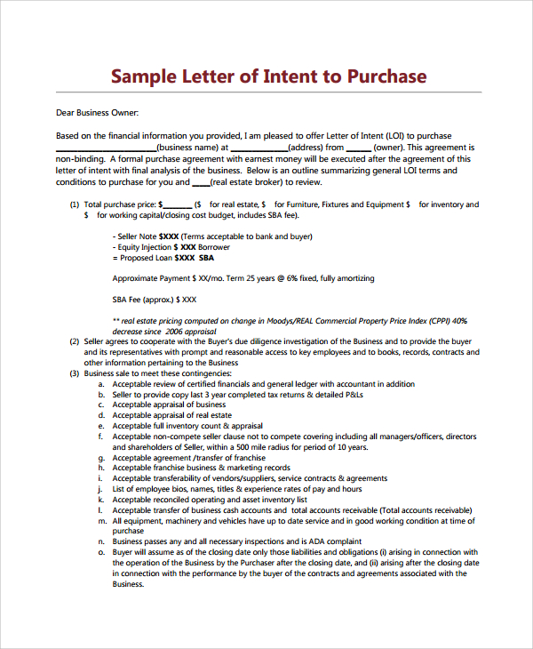 letter of intent to purchase commercial property