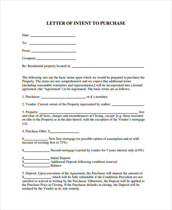 Letter Of Intent For Real Estate Purchase Template