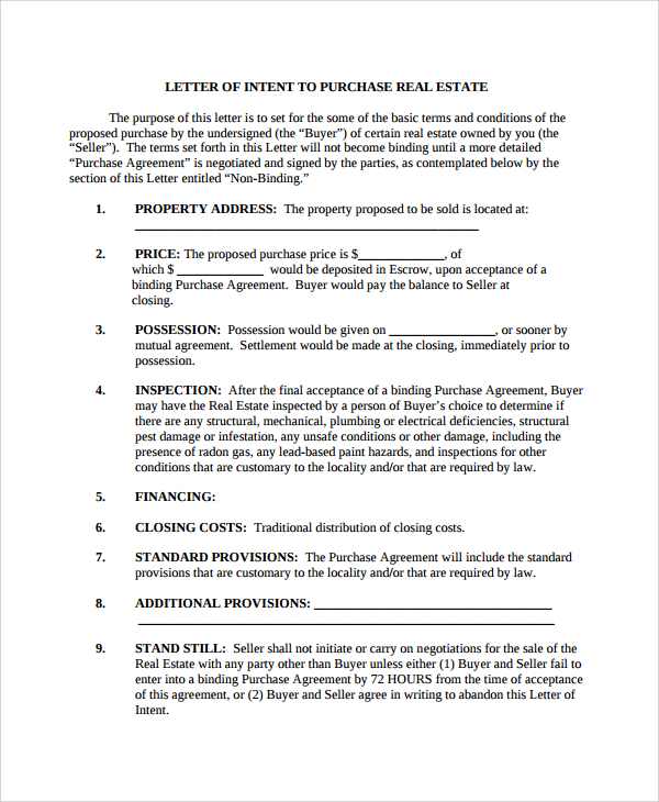 letter of intent to purchase real estate property