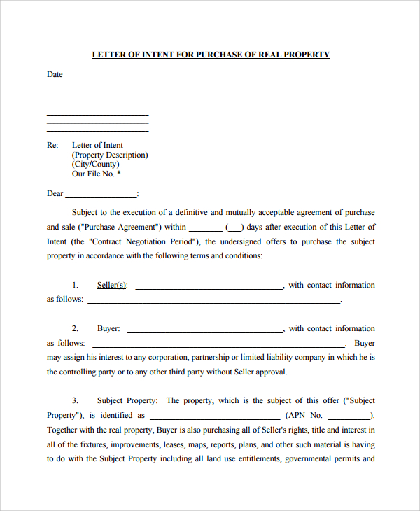 sample letter of intent to purchase property