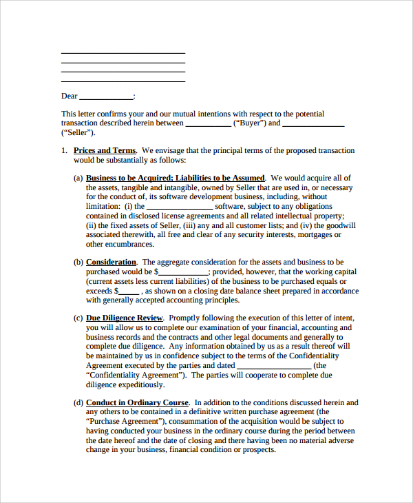 letter of intent to business purchase property