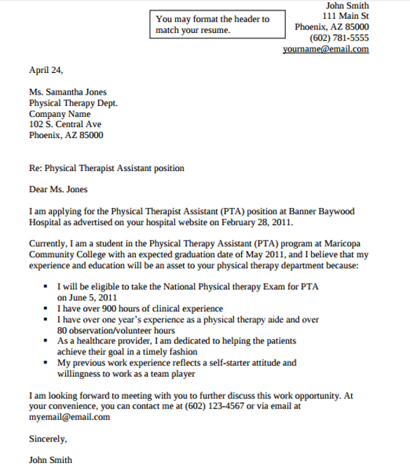 physical therapist assistant cover letter