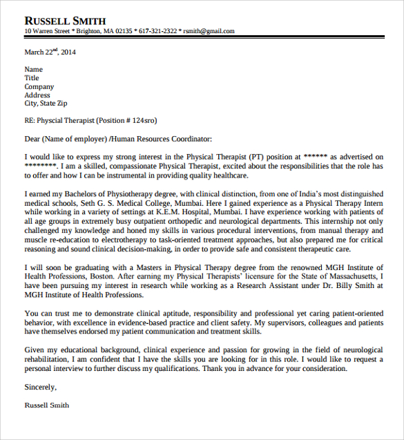 sample physical therapy cover letter new grad