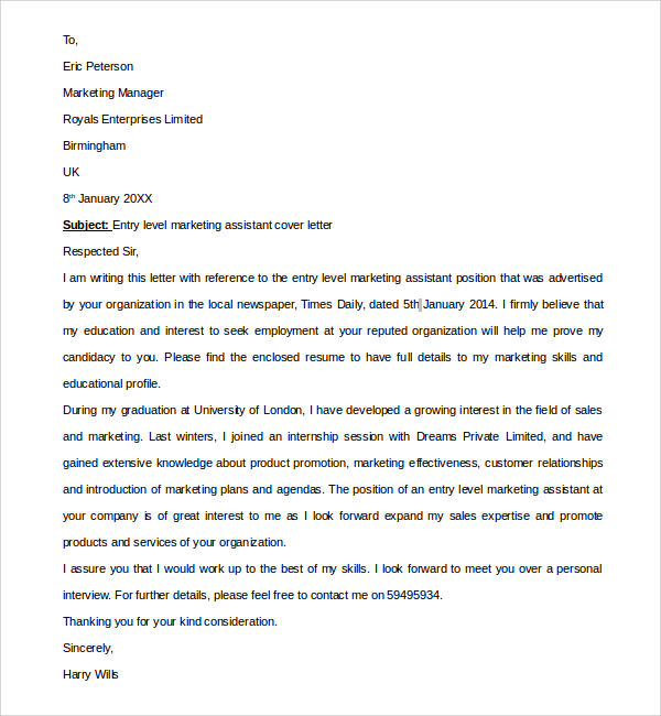 sample entry level marketing cover letter